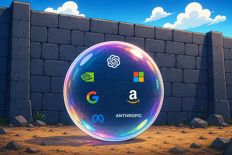 A giant soap bubble holding the logos of OpenAI, Nvidia, Microsoft, Google, Amazon, Meta and Anthropic, resting in front of a tall stone wall.