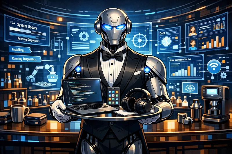 A robot in a tuxedo and bow tie holds a tray with a laptop, tablet and headphones behind a counter, surrounded by blue holographic screens showing charts and diagnostic messages.