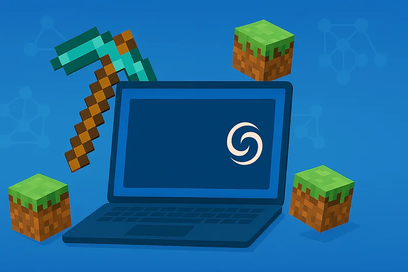 Ilustração de um notebook com o logo da Mistral na tela, cercado por uma picareta e blocos de terra do Minecraft.