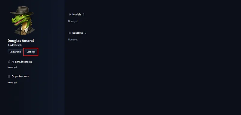 Página de perfil do Hugging Face, com o botão Settings destacado por um retângulo vermelho ao lado de Edit profile.