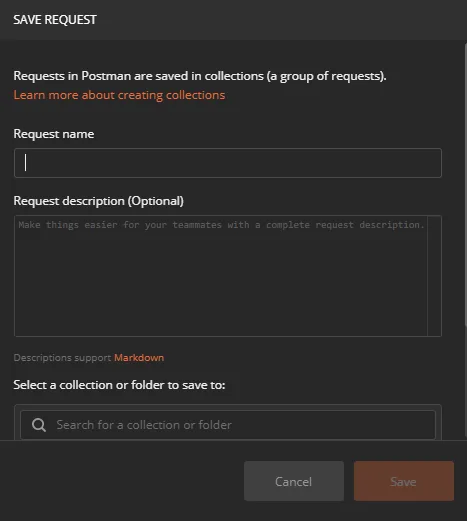 Caixa de diálogo Save Request do Postman, com os campos de nome e descrição da requisição e a busca pela coleção onde salvar.