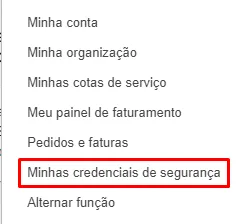 Menu da conta AWS aberto, com a opção “Minhas credenciais de segurança” destacada por um retângulo vermelho.
