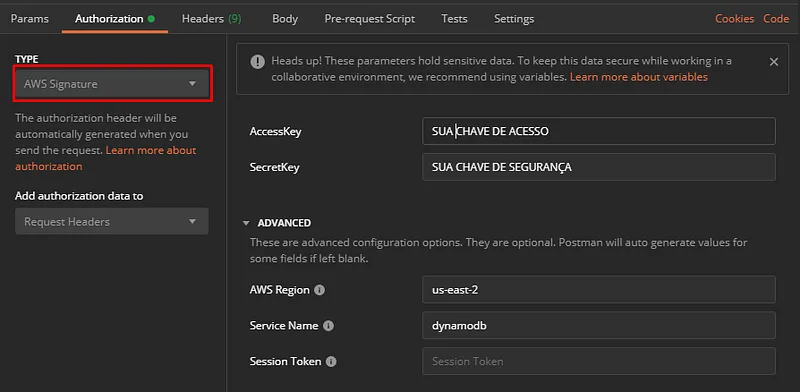 Aba Authorization do Postman com o tipo AWS Signature destacado em vermelho, os campos AccessKey e SecretKey preenchidos e, em Advanced, a região us-east-2 e o serviço dynamodb.
