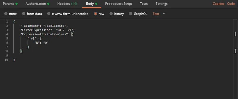 Aba Body do Postman em modo raw, com o JSON do Scan filtrando a TabelaTeste pelo id igual a zero.