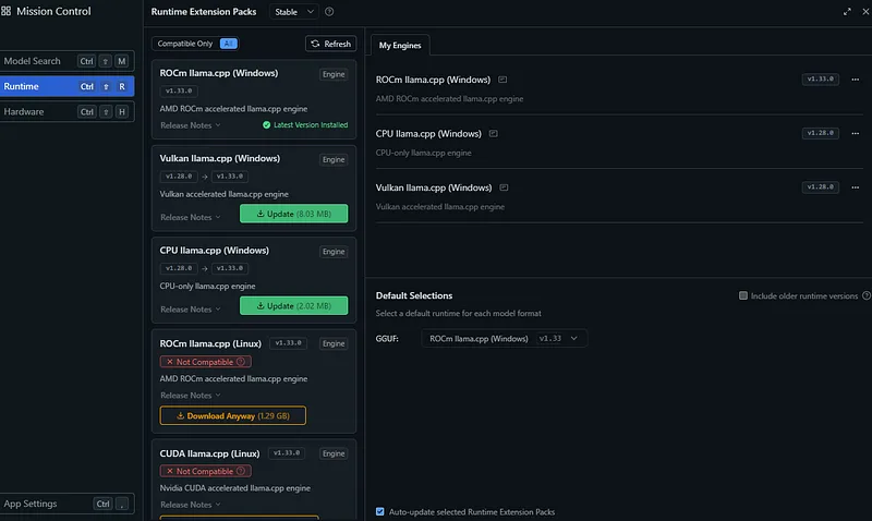 Tela Runtime do LM Studio listando os pacotes de execução — ROCm, Vulkan e CPU llama.cpp — com botões de atualização e a seleção padrão para o formato GGUF.