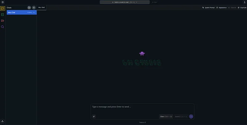 Tela de chat do LM Studio com um chat novo criado e o botão System Prompt na barra superior.