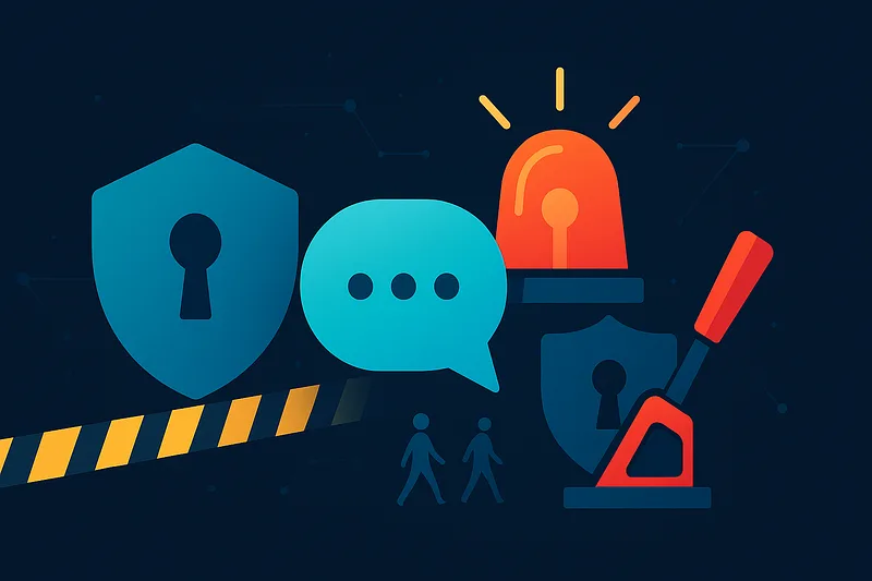 Illustration with a padlock shield, a speech bubble, a lit police siren, a baton and a cordon tape, on a dark background.