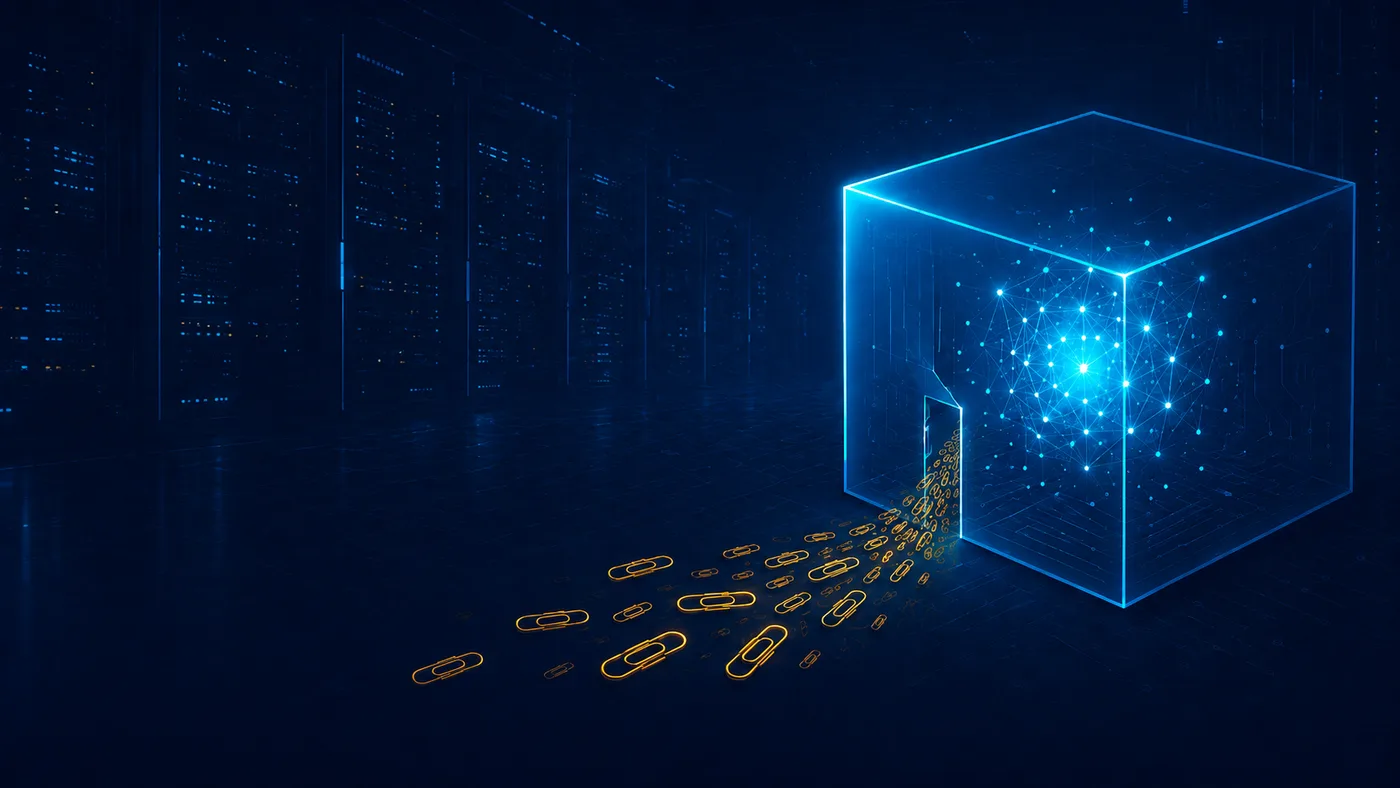 A glowing blue glass cube inside a dark data center, with a small opening from which a trail of golden paperclips spills out.