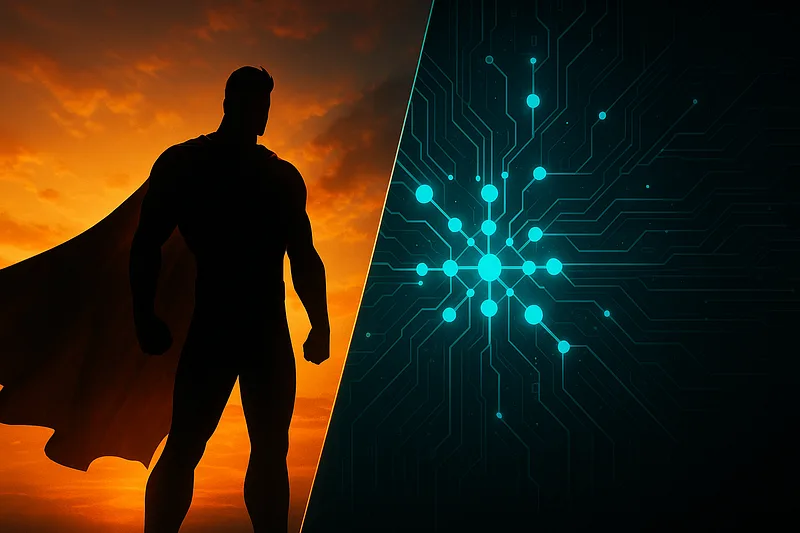 Composição dividida ao meio: à esquerda, a silhueta do Superman de capa contra um céu alaranjado; à direita, um circuito com um nó central de luz ciano.